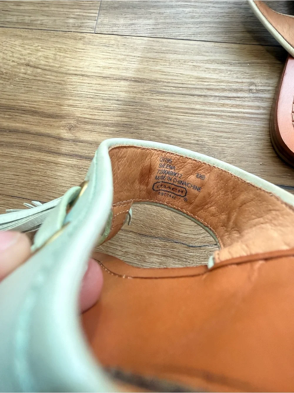 Coach Women's Teal/Green Tassel Leather Thong Sandals with Tan Footbed
